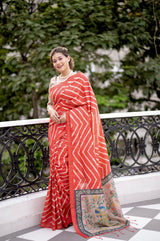 Berry Red Printed Tussar Silk Saree