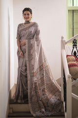Rhino Grey Soft Tussar Silk Kalamkari Printed Saree