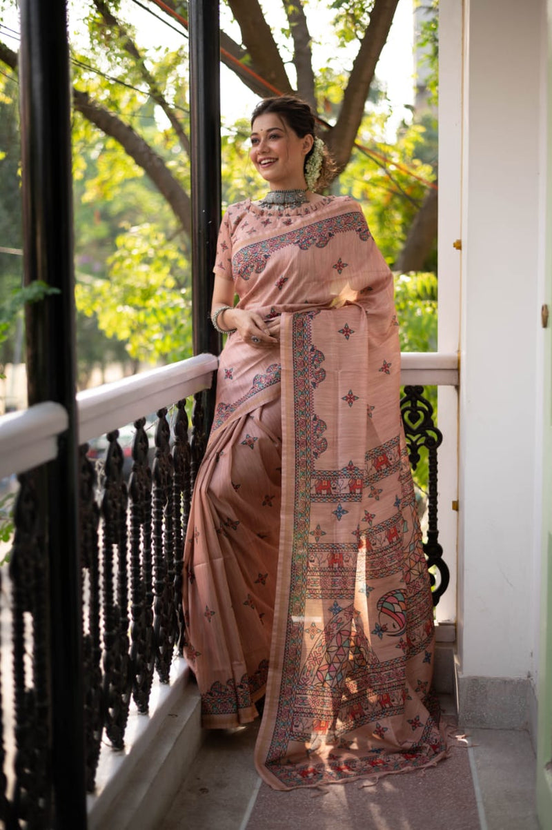Yam Orange Soft Tussar Silk Kalamkari Printed Saree