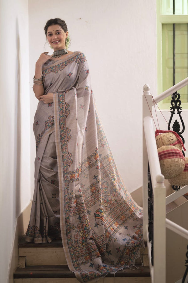 Rhino Grey Soft Tussar Silk Kalamkari Printed Saree