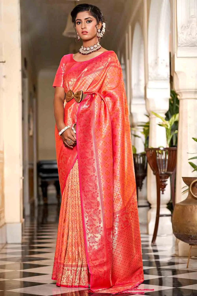 Orange And Red Banarasi Silk Saree