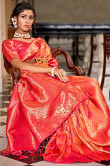 Orange And Red Banarasi Silk Saree