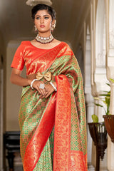 Green And Red Banarasi Silk Saree