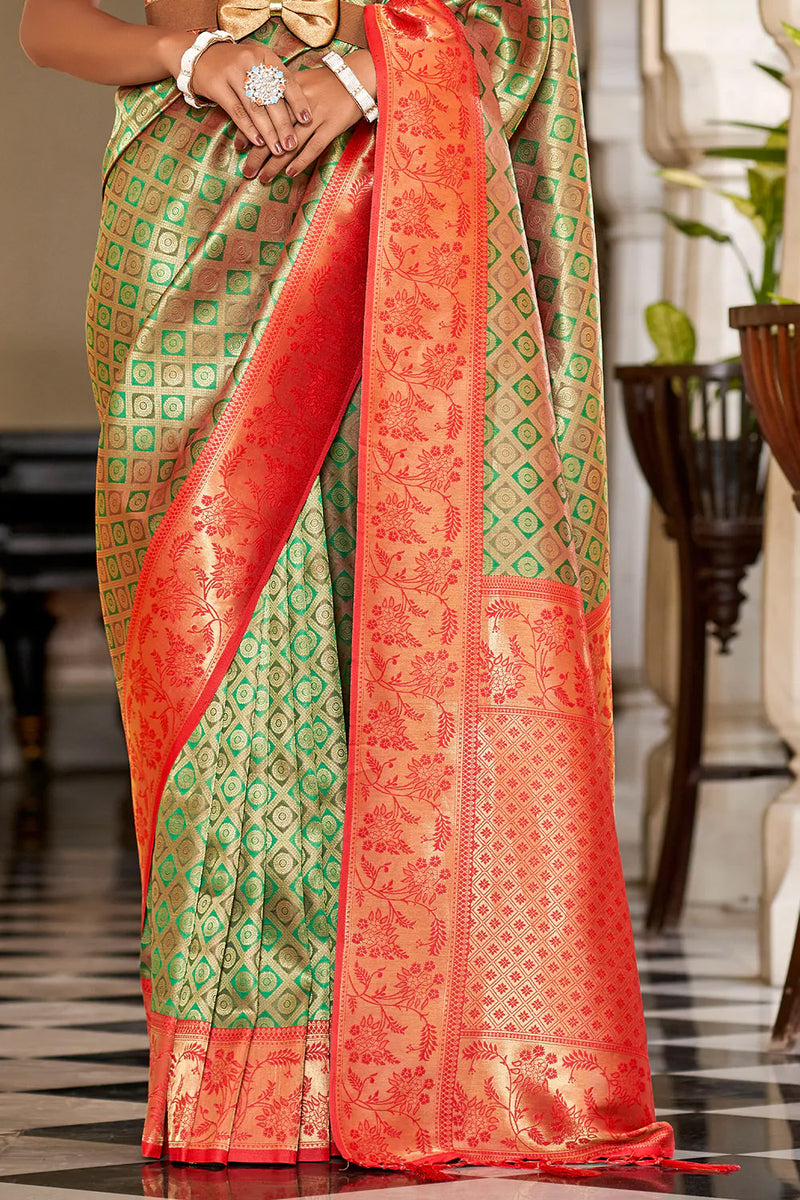 Green And Red Banarasi Silk Saree