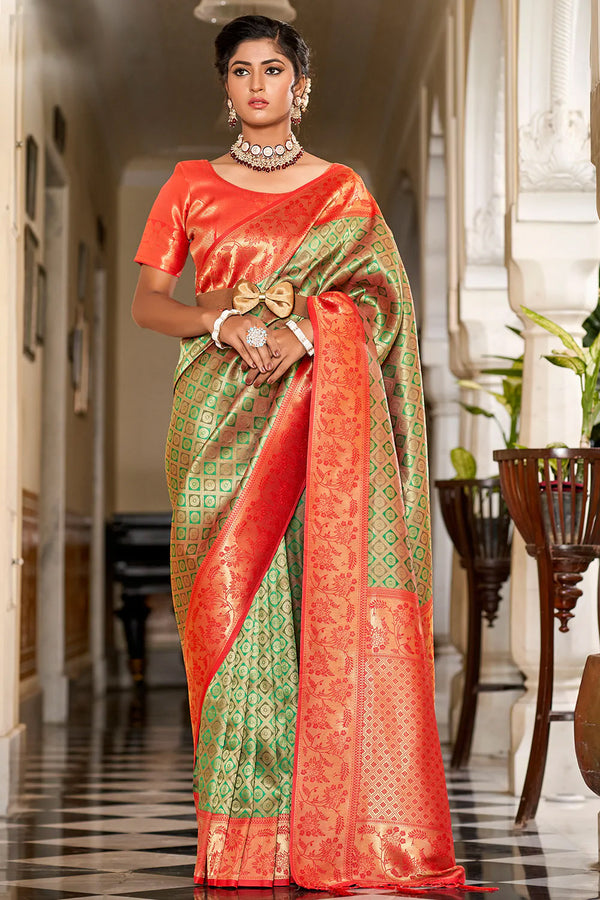 Green And Red Banarasi Silk Saree