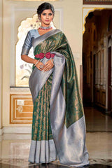Green And Grey Banarasi Silk Saree