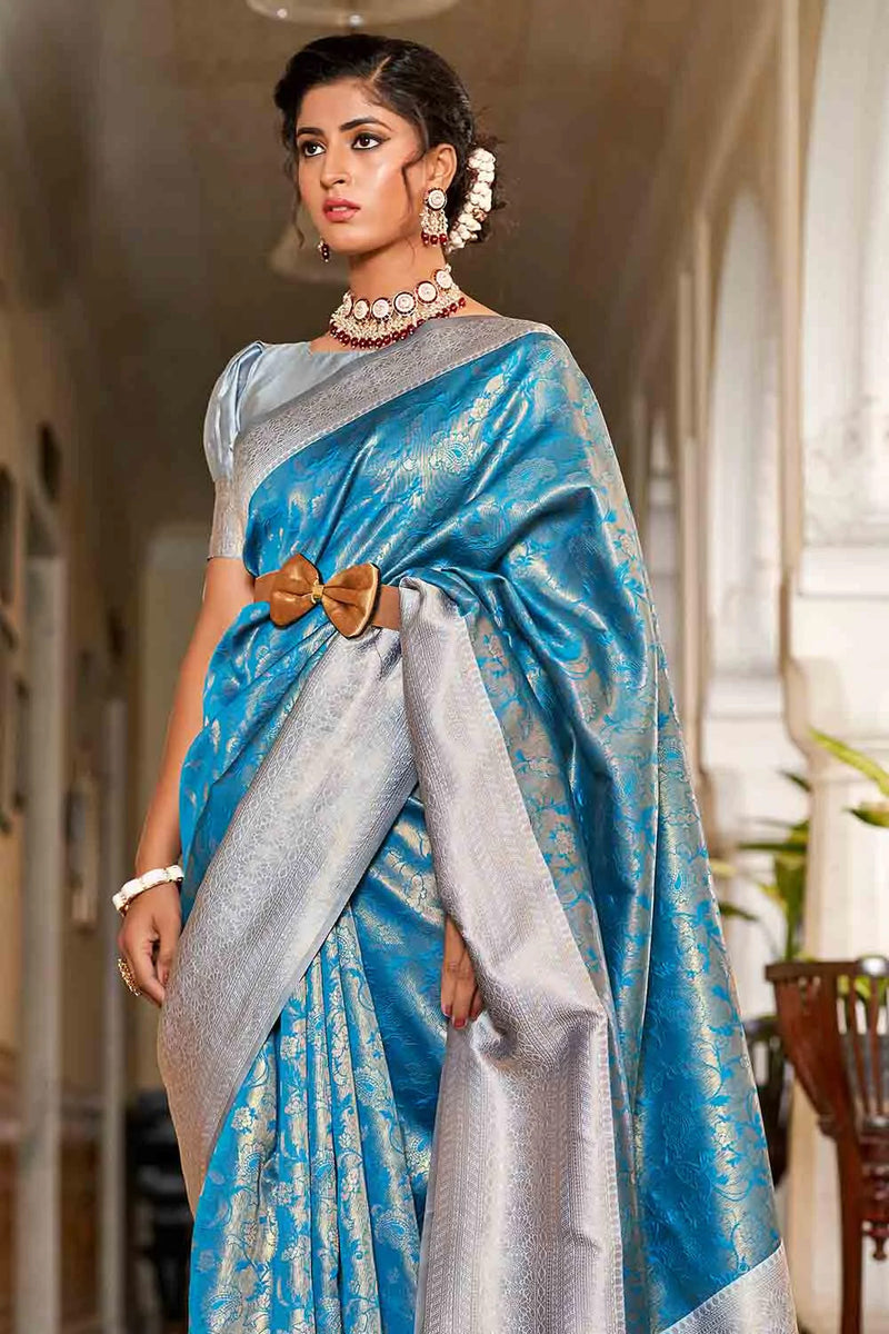 Blue And Grey Banarasi Silk Saree