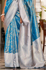 Blue And Grey Banarasi Silk Saree