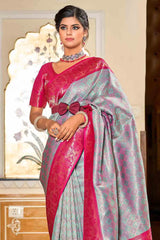 Grey And Pink Banarasi Silk Saree