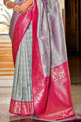 Grey And Pink Banarasi Silk Saree