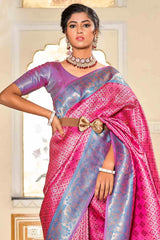 Pink And Blue Banarasi Silk Saree