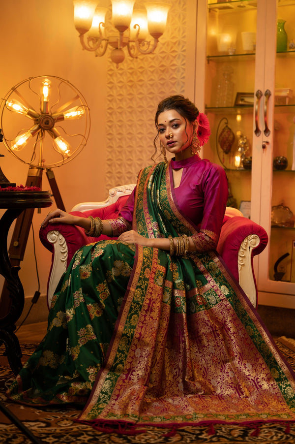 Green And Pink Zari Woven Kanjivaram Silk Saree
