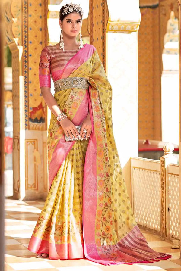 Yellow And Pink Banarasi Modal Silk Saree