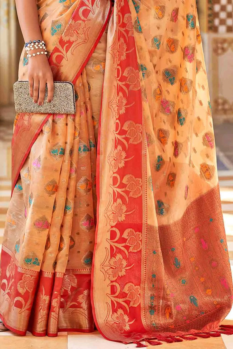 Orange And Red Banarasi Modal Silk Saree