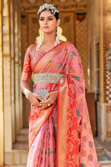 Pink And Red Banarasi Modal Silk Saree