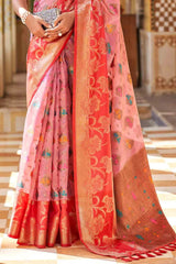Pink And Red Banarasi Modal Silk Saree