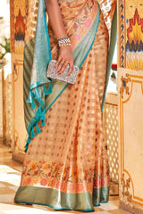 Peach And Blue Banarasi Modal Silk Saree