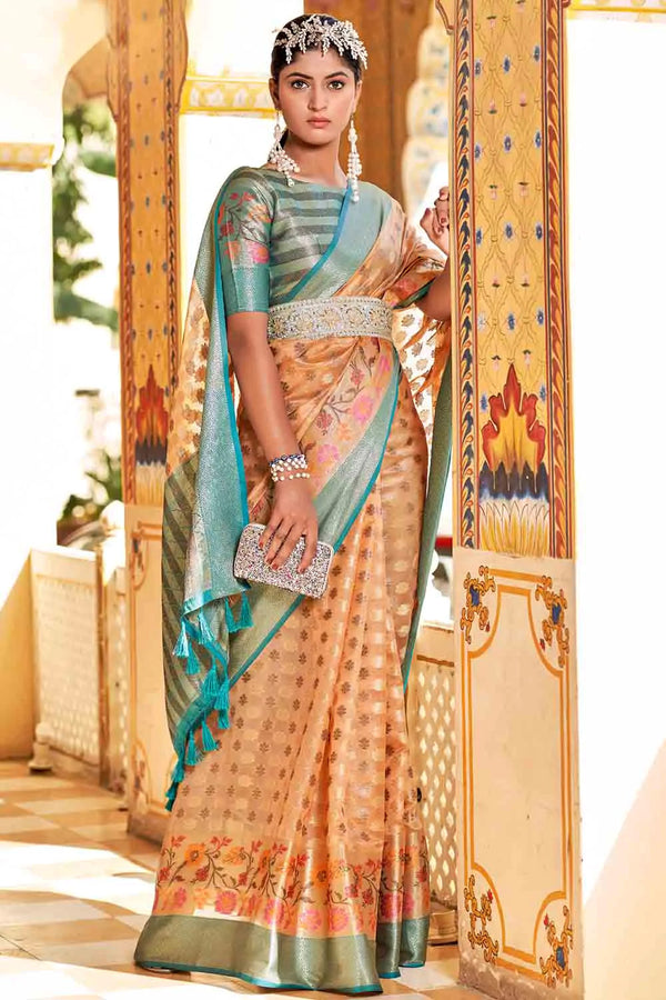 Peach And Blue Banarasi Modal Silk Saree
