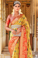 Yellow And Red Banarasi Modal Silk Saree