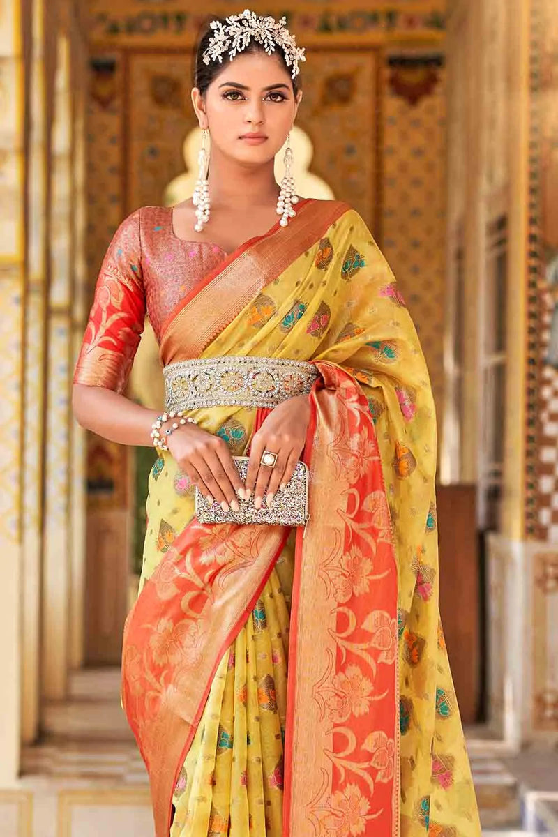 Yellow And Red Banarasi Modal Silk Saree