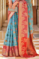 Blue And Red Banarasi Modal Silk Saree