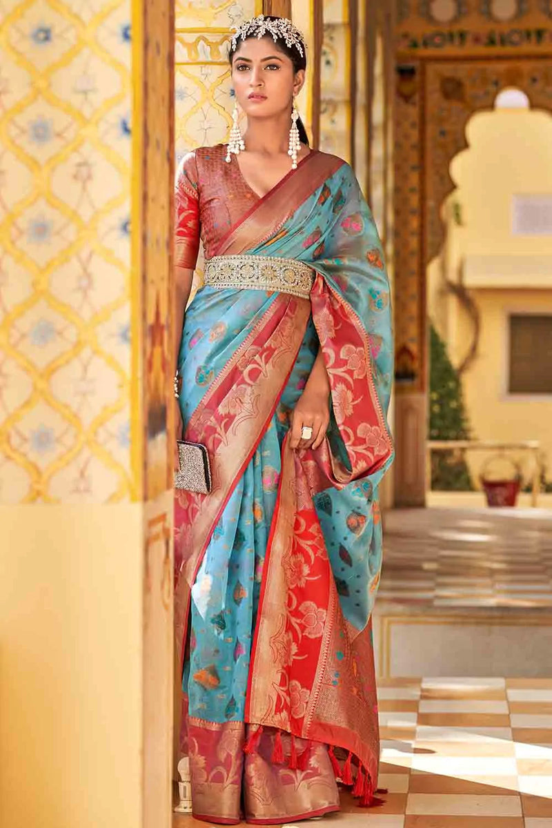 Blue And Red Banarasi Modal Silk Saree