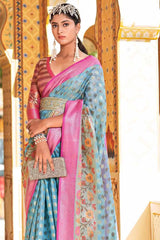 Blue And Pink Banarasi Modal Silk Saree