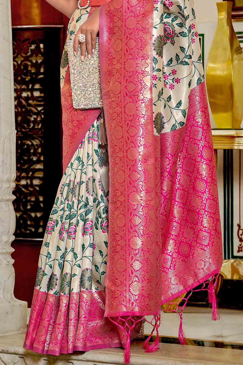 Off White And Pink Banarasi Silk Saree