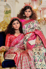 Off White And Pink Banarasi Silk Saree