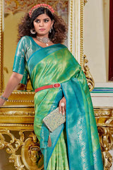 Lime Green And Blue Banarasi Silk Saree