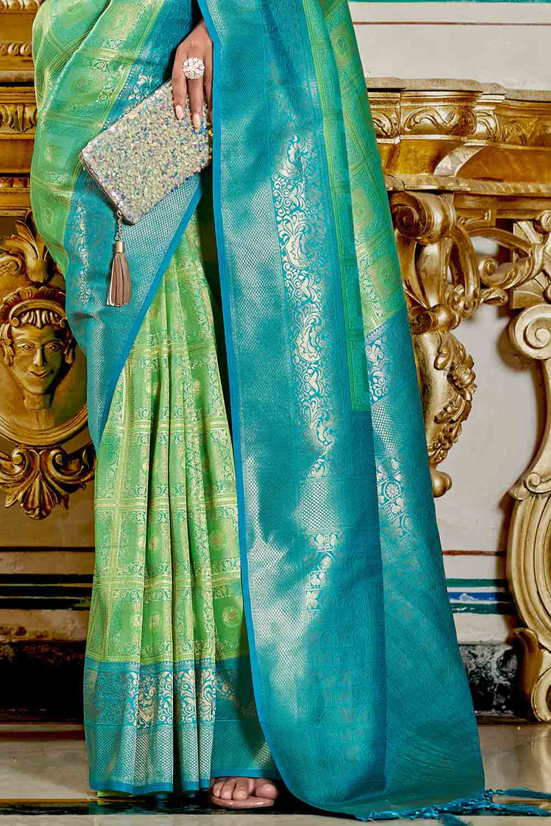 Lime Green And Blue Banarasi Silk Saree