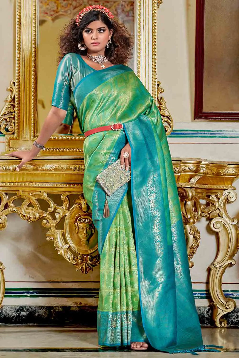 Lime Green And Blue Banarasi Silk Saree