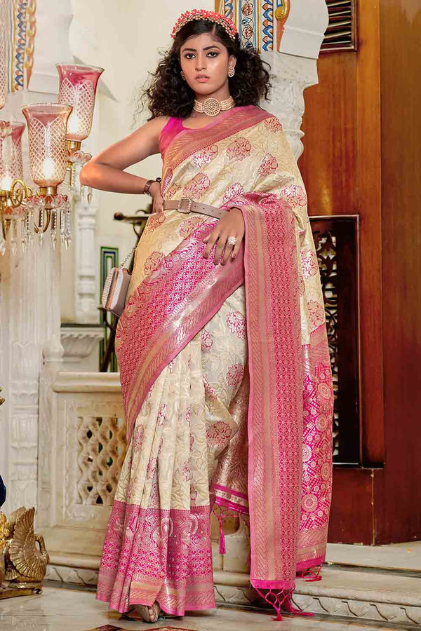 Beige And Peach Banarasi Silk Saree