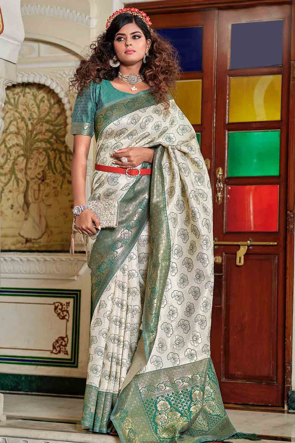 White And Green Banarasi Silk Saree