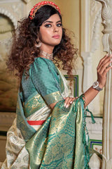 White And Green Banarasi Silk Saree