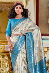 White And Blue Banarasi Silk Saree