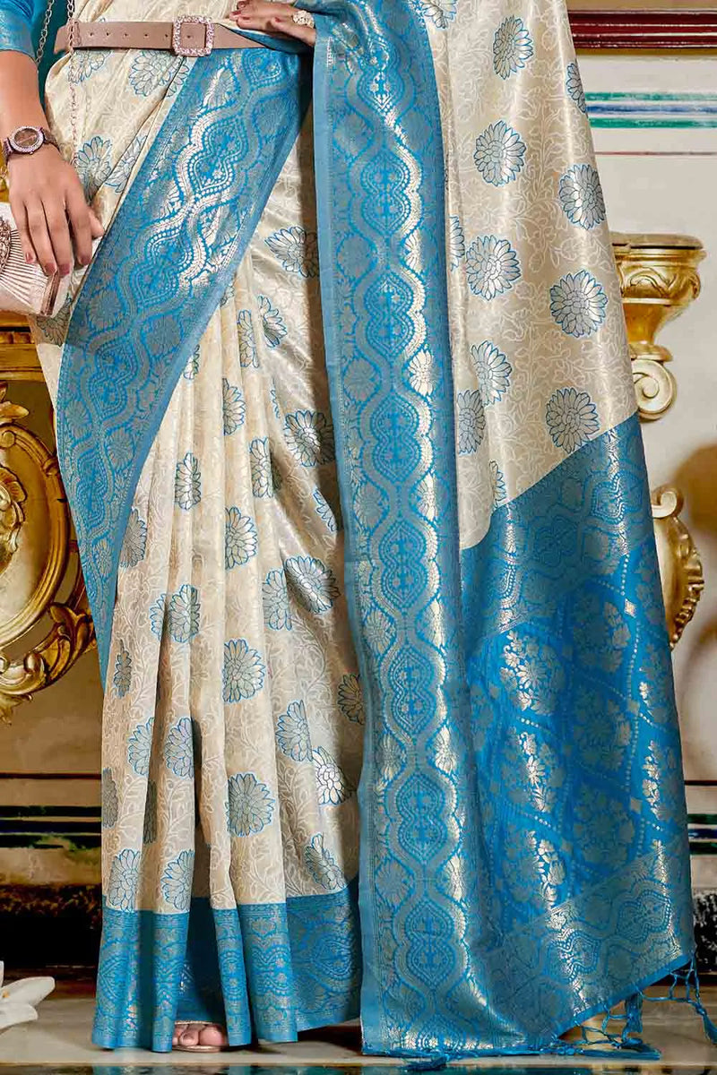 White And Blue Banarasi Silk Saree