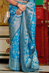 Cyan Blue Banarasi Silk Saree