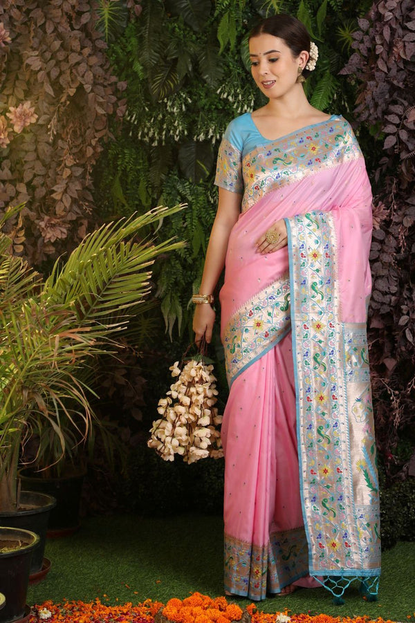 Baby Pink Woven Paithani Silk Saree
