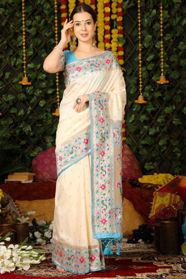 Daisy White Woven Paithani Silk Saree