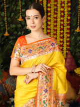 Lemon Yellow Woven Paithani Silk Saree