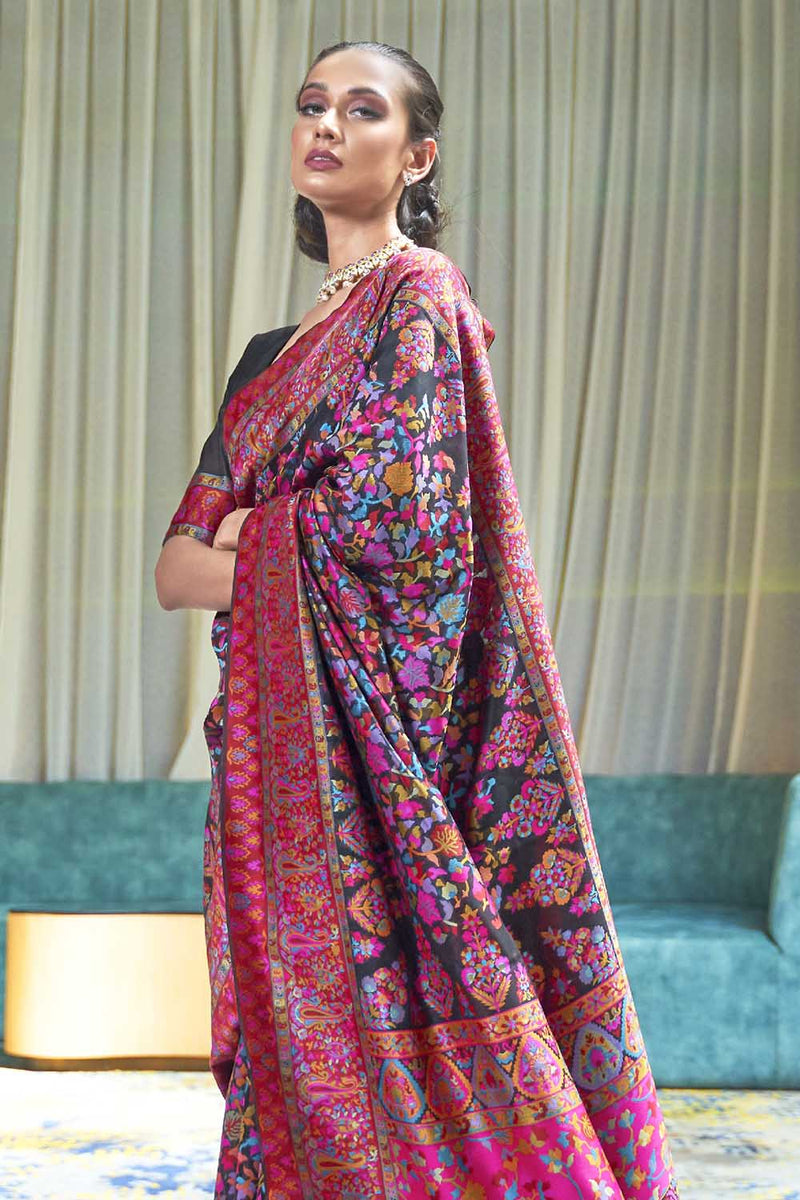 Jet Black Soft Modal Silk Saree With Kashmiri Weaving