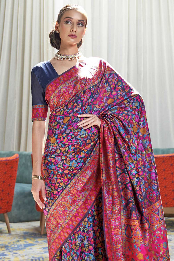 Midnight Blue Soft Modal Silk Saree With Kashmiri Weaving