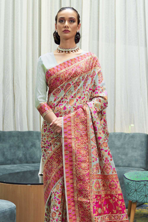 Pastel Green Soft Modal Silk Saree With Kashmiri Weaving