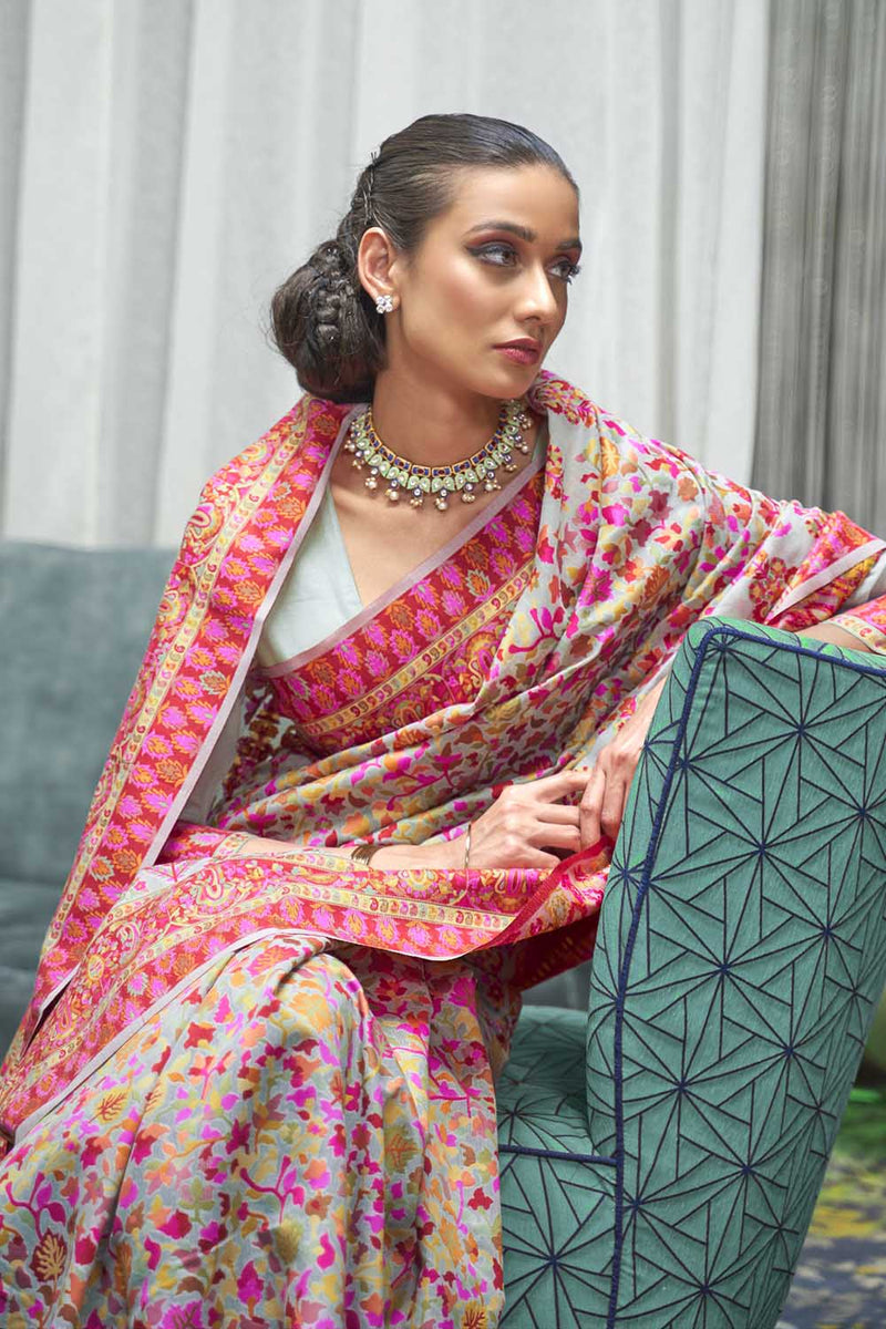 Pastel Green Soft Modal Silk Saree With Kashmiri Weaving