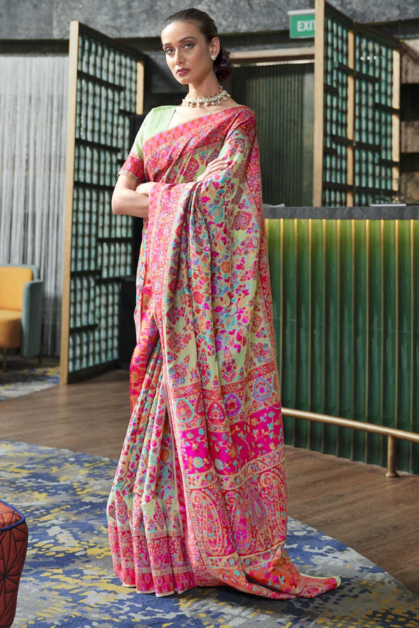 Buy online Patola Silk saree gold Zari meenakari weave border Pallu -  Pink-orange-AF999