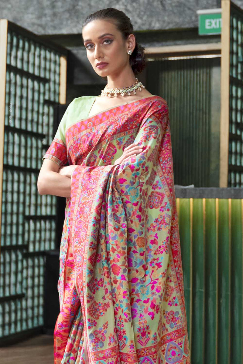 Sprout Green Soft Modal Silk Saree With Kashmiri Weaving