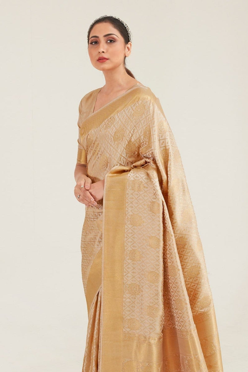 Beige Golden Zari Woven Banarasi Silk Saree