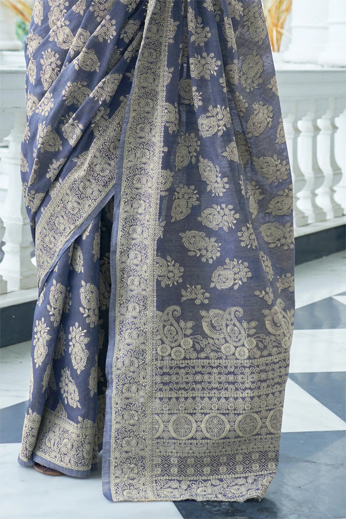 Pewter Grey Lucknowi Cotton Silk Saree