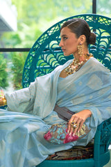 Baby Blue Chikankari Sequins Lucknowi Weaving Cotton Silk Saree